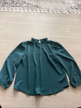 J. Crew Dark Teal Ruffled Mock-Neck Long Sleeve Blouse